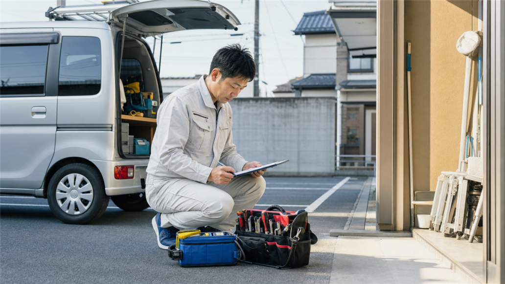 エアコン工事の一人親方が車両横で仕事の準備をする様子