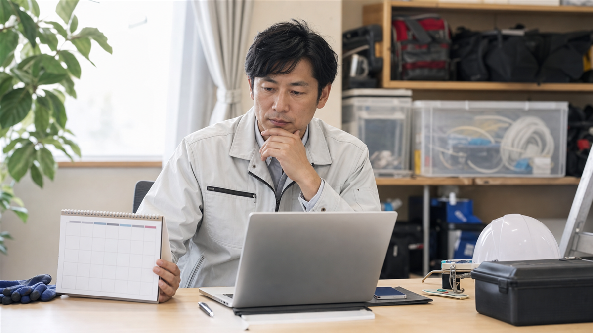 閑散期の仕事量と予定を確認するエアコン工事の一人親方