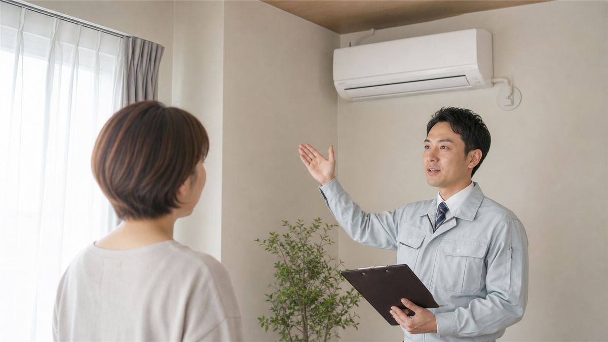 施工後のエアコンについて利用者へ説明する一人親方