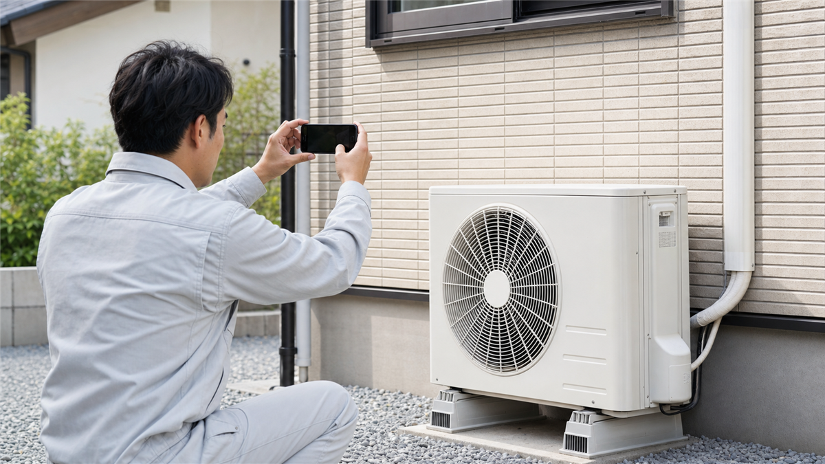 見積もり用に室外機と設置状況を撮影する職人
