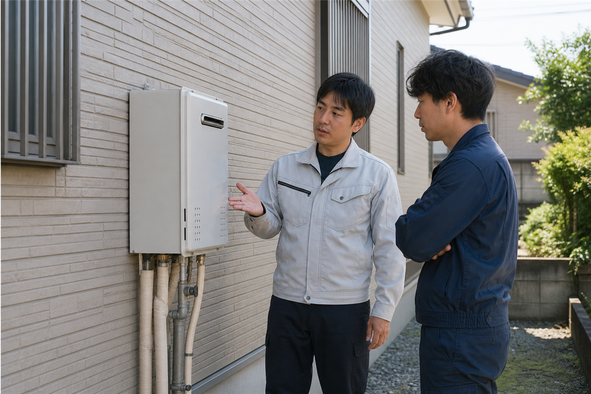 ガス給湯器の現場で担当範囲を確認する様子