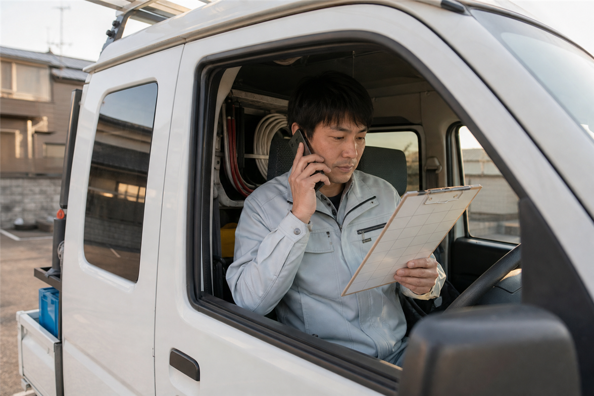 作業車内で受注条件を確認する様子