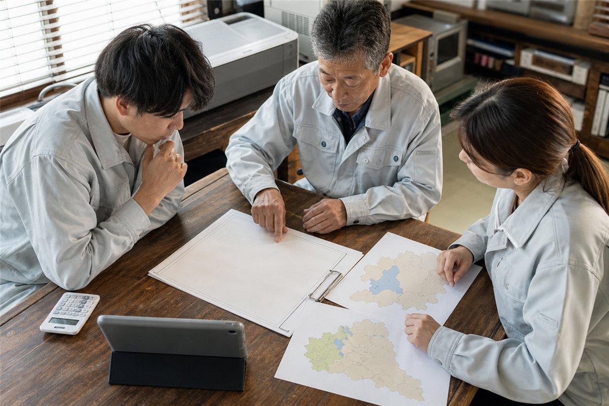 対応エリアと受注計画を相談する様子