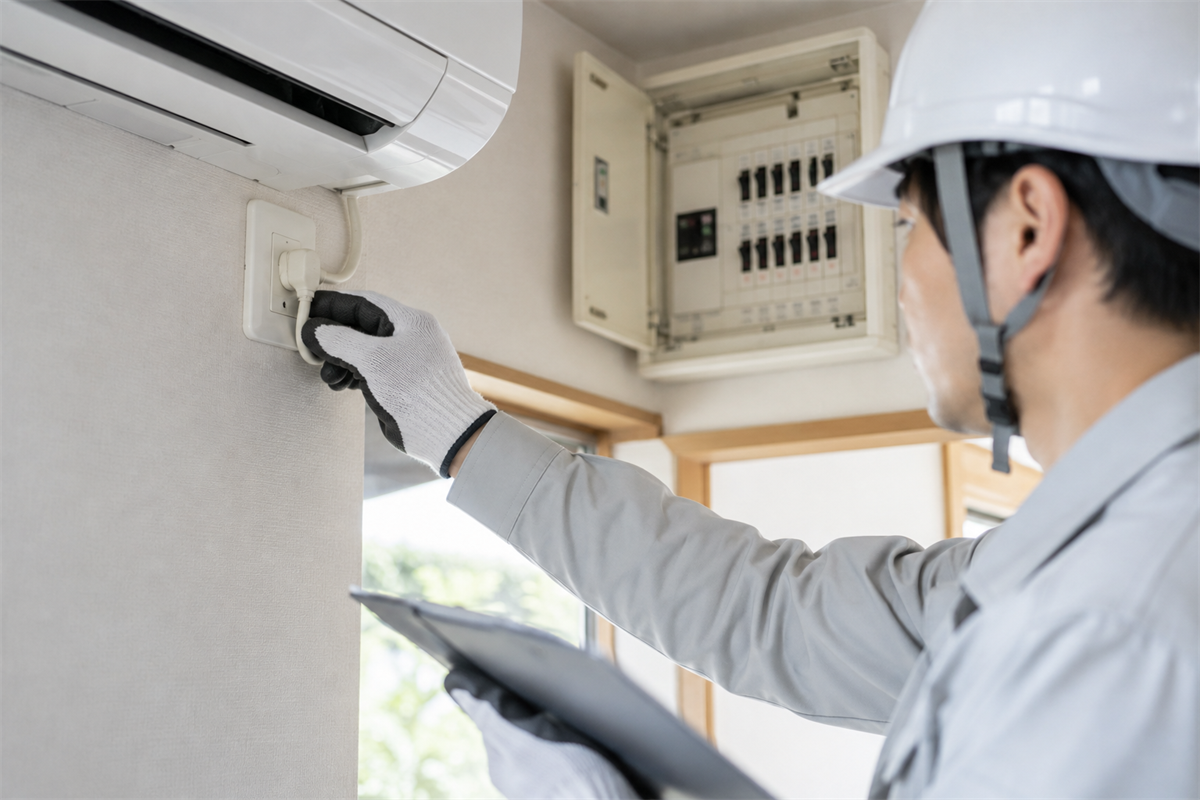 エアコン用コンセントと分電盤を確認する電気工事士