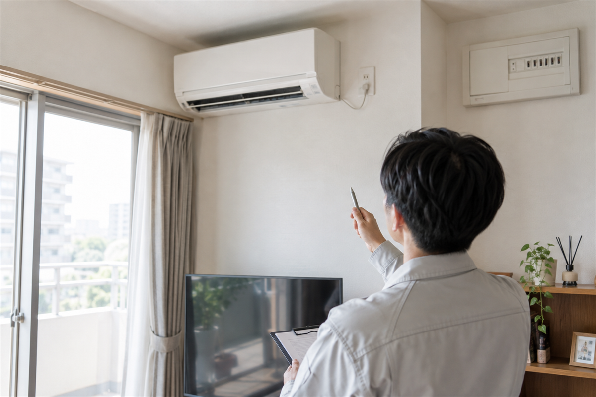 エアコンの銘板とコンセント、分電盤を確認する現地調査