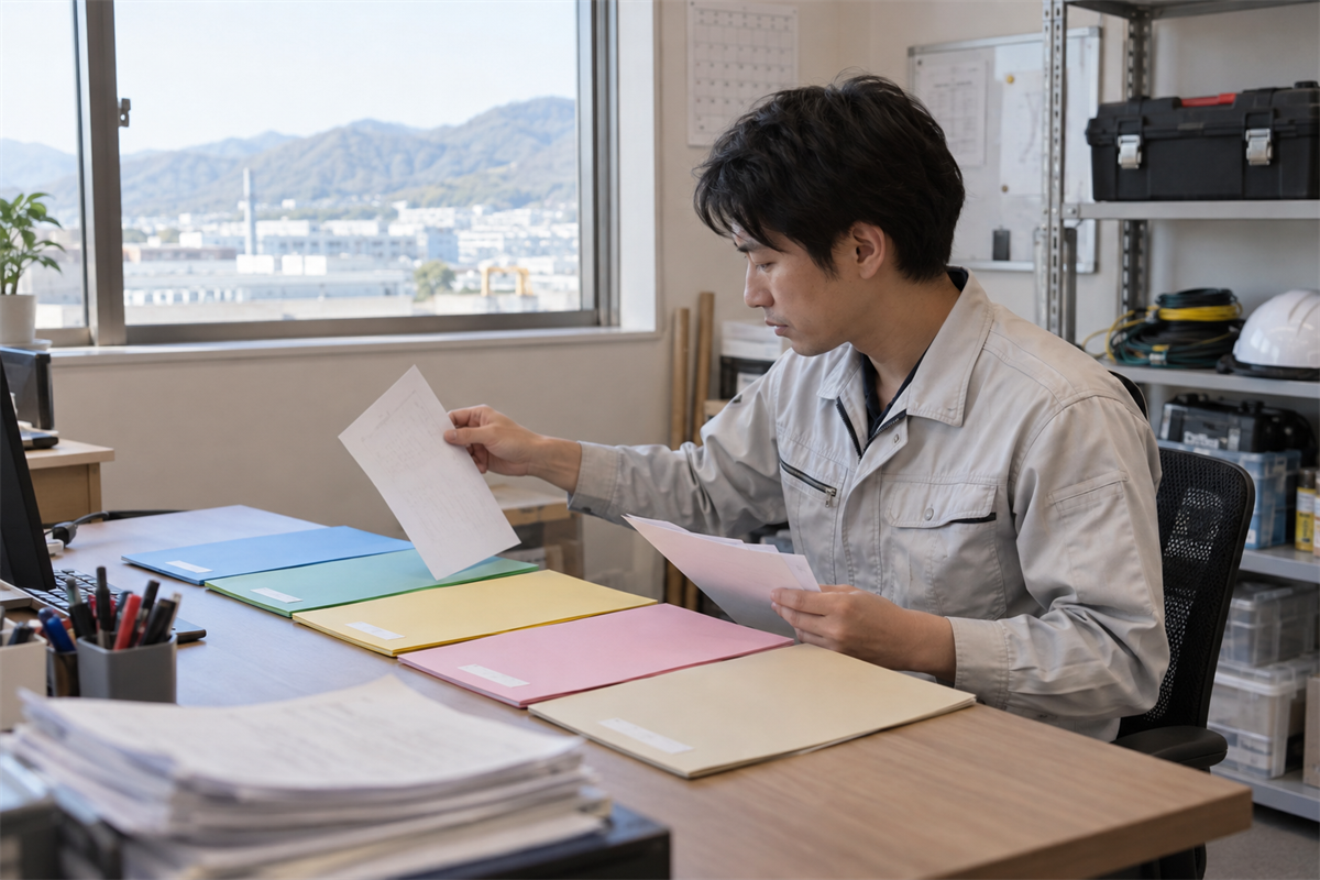 名称・住所・役員・営業所・主任の変更書類を仕分ける担当者