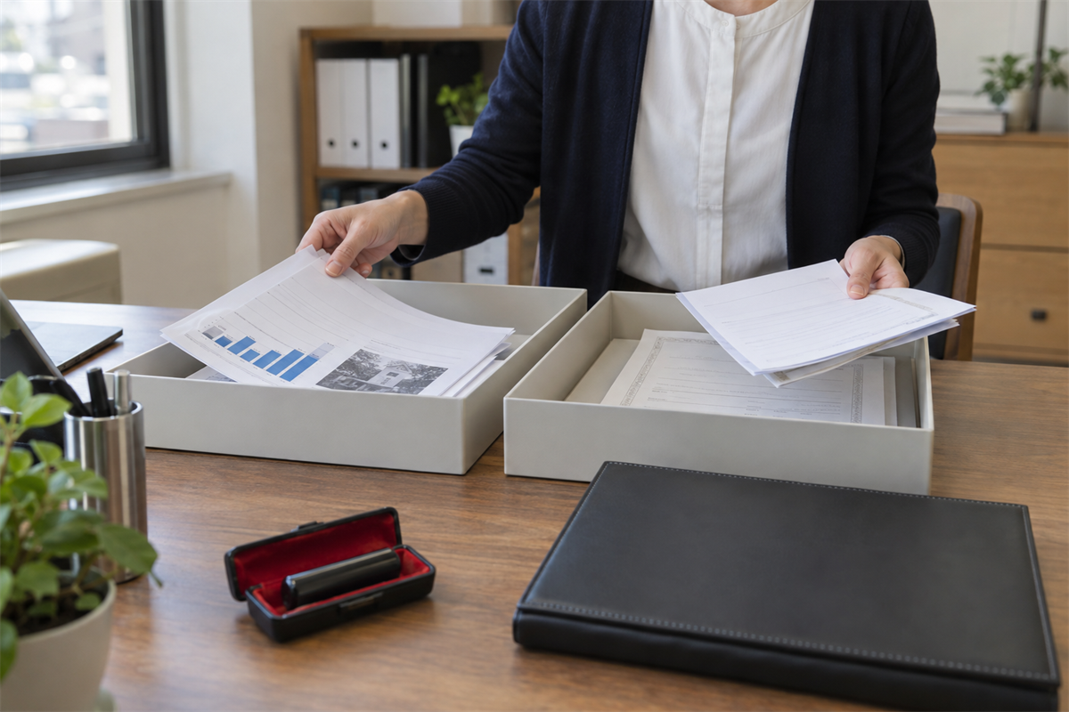 法人関係と本人確認関係の書類を別のトレーに分ける手元