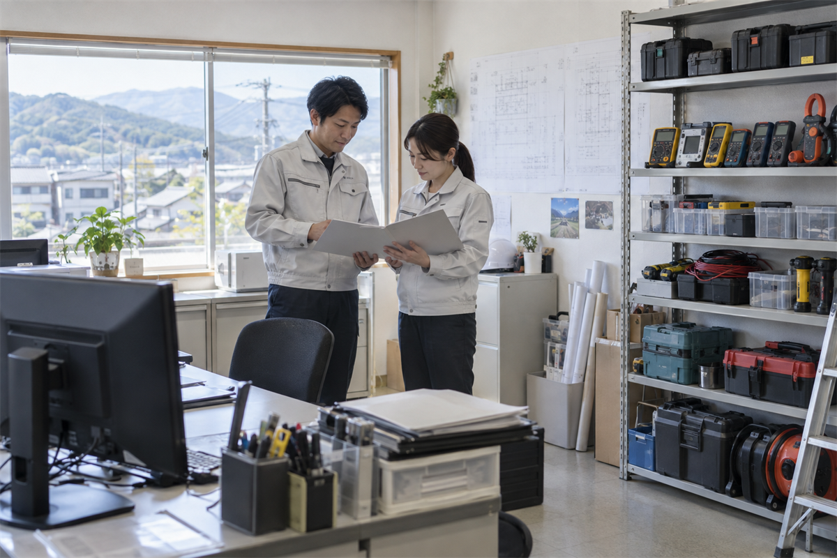 営業所の情報と主任電気工事士の書類を確認する電気工事会社