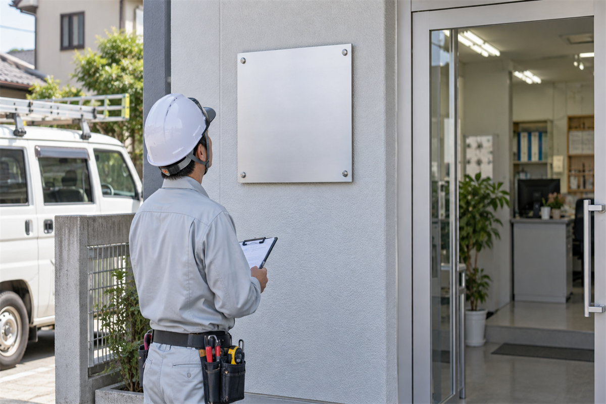 営業所に掲げる登録電気工事業者の標識を確認する担当者