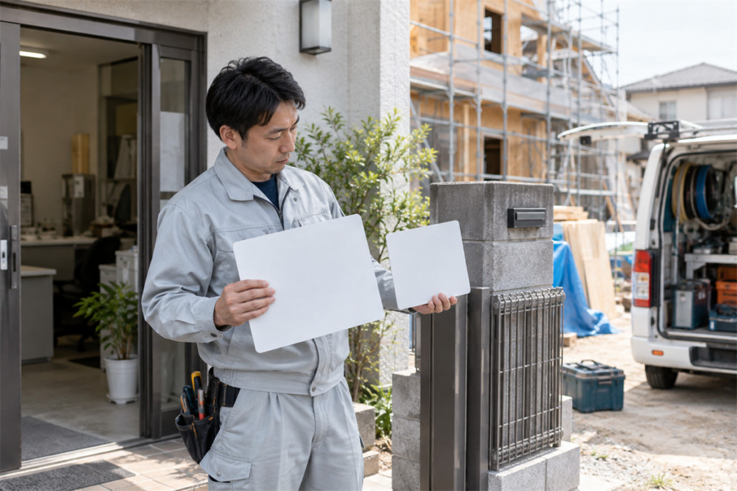 営業所用と施工場所用の標識を確認する登録電気工事業者