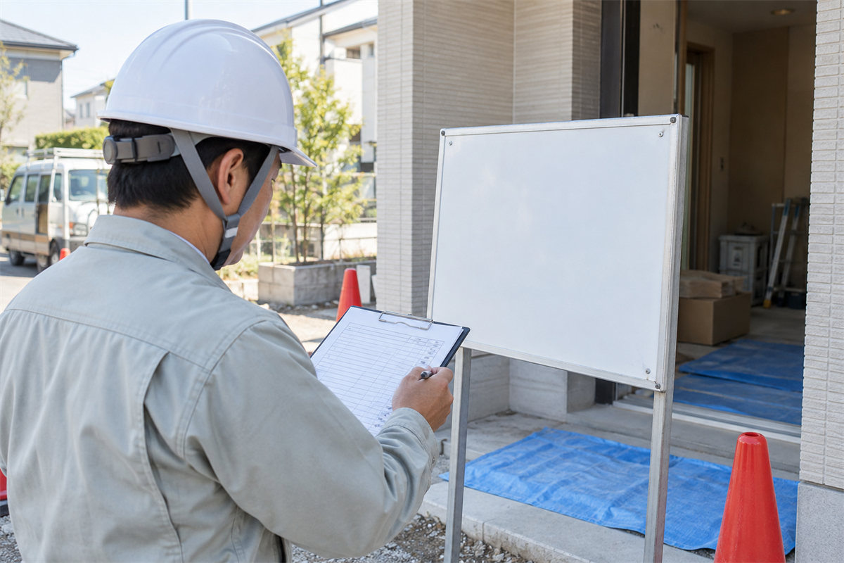 始業前に施工場所の標識を照合する電気工事事業者