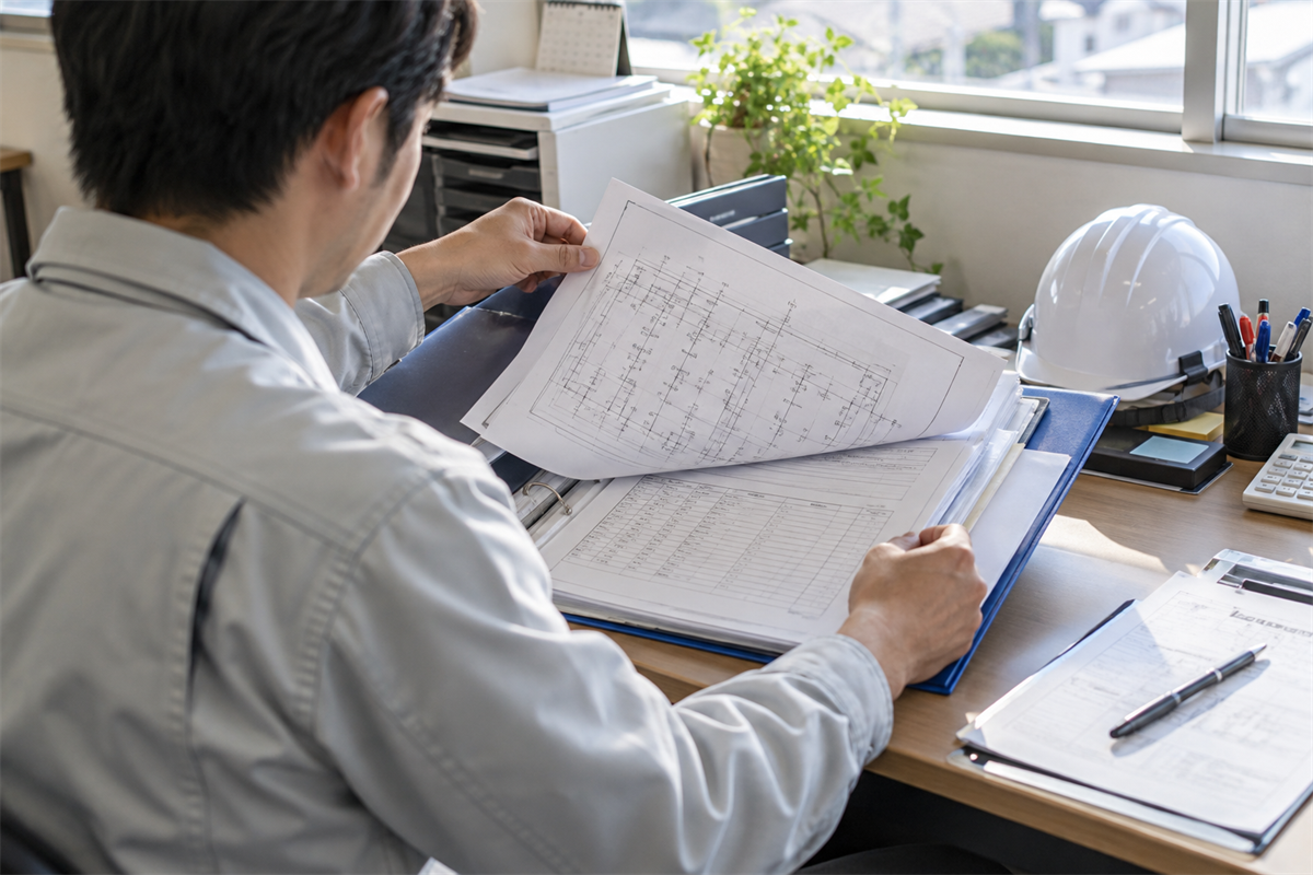 配線図と検査結果を一件の工事記録として整理する作業者