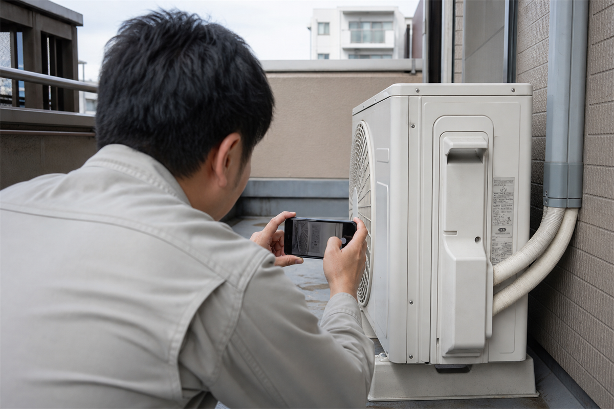室外機の型式ラベルを撮影する受注前確認