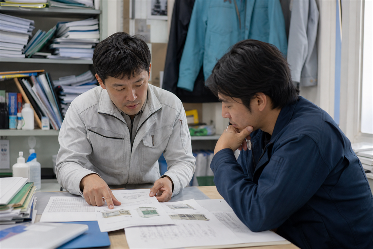 家庭用と業務用の機器資料を分けて確認する机