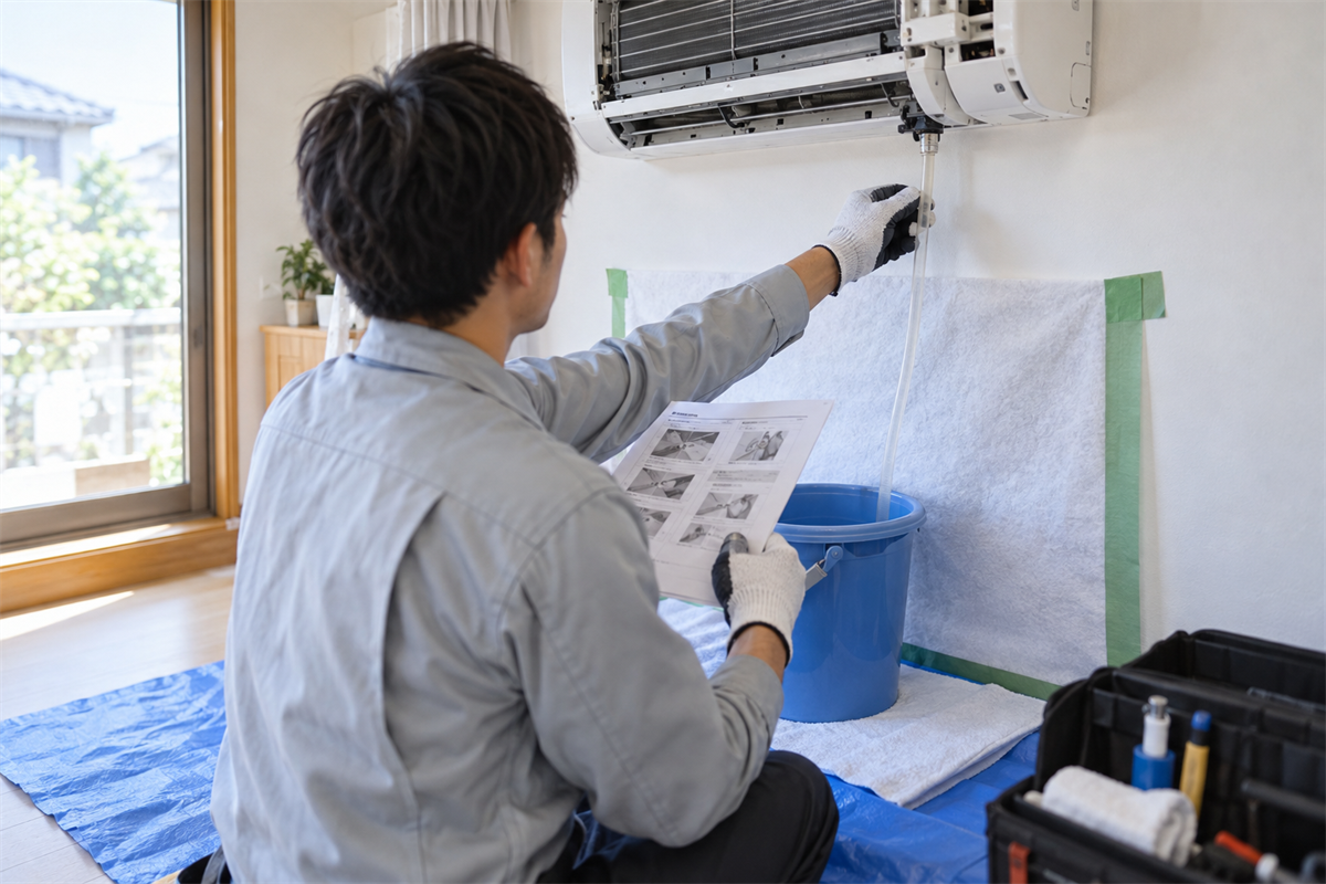 室内を養生してエアコンのドレン通水試験を行う施工者