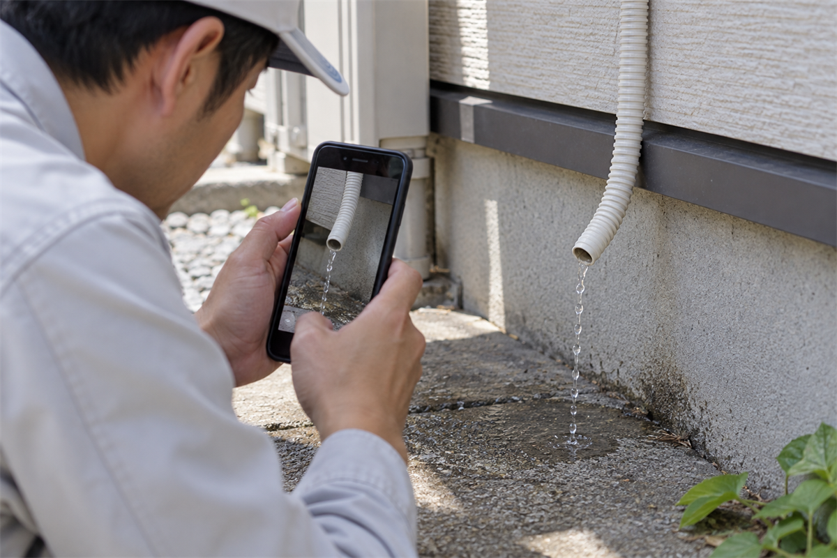 屋外のドレン排水先と通水結果を撮影する作業者