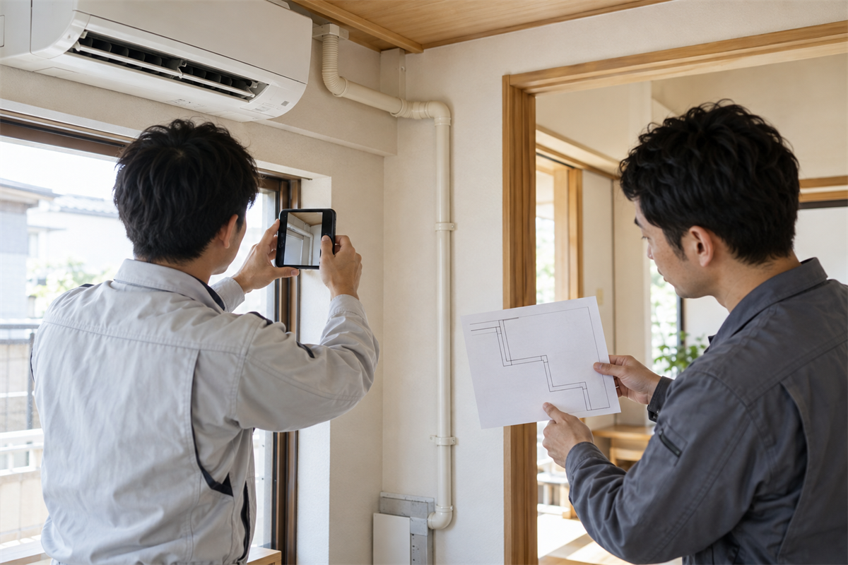 ドレン配管の経路図と撮影位置を照合する施工担当者