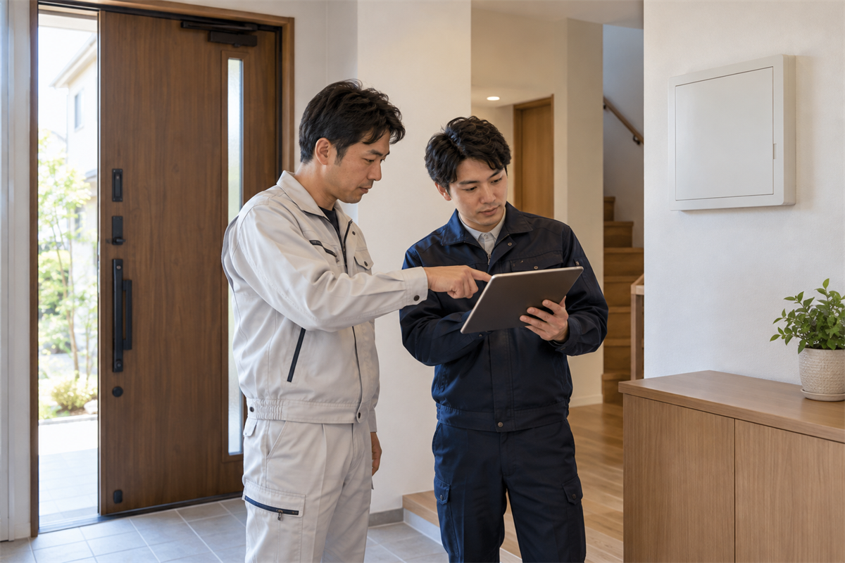 引渡し前にエアコンの接地記録を確認する担当者