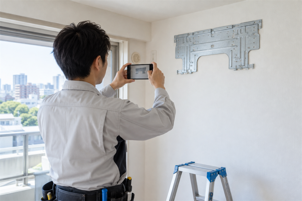 エアコン据付板の固定状態を引渡し前に撮影する施工者