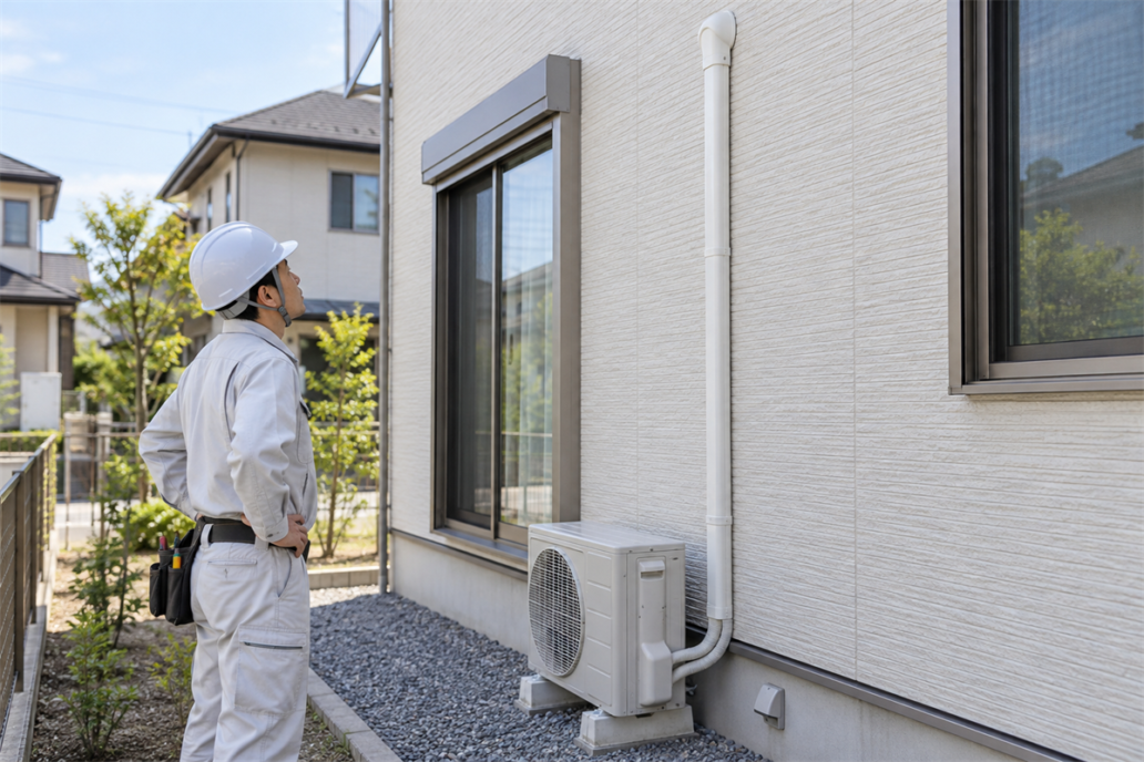 戸建て外壁のエアコン配管化粧カバーを離れて確認する施工者