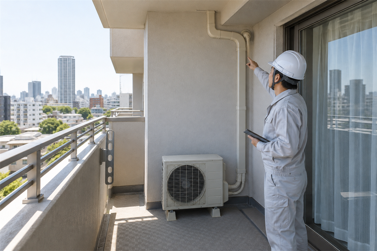 集合住宅のバルコニーで配管化粧カバーの経路全体を確認する施工者