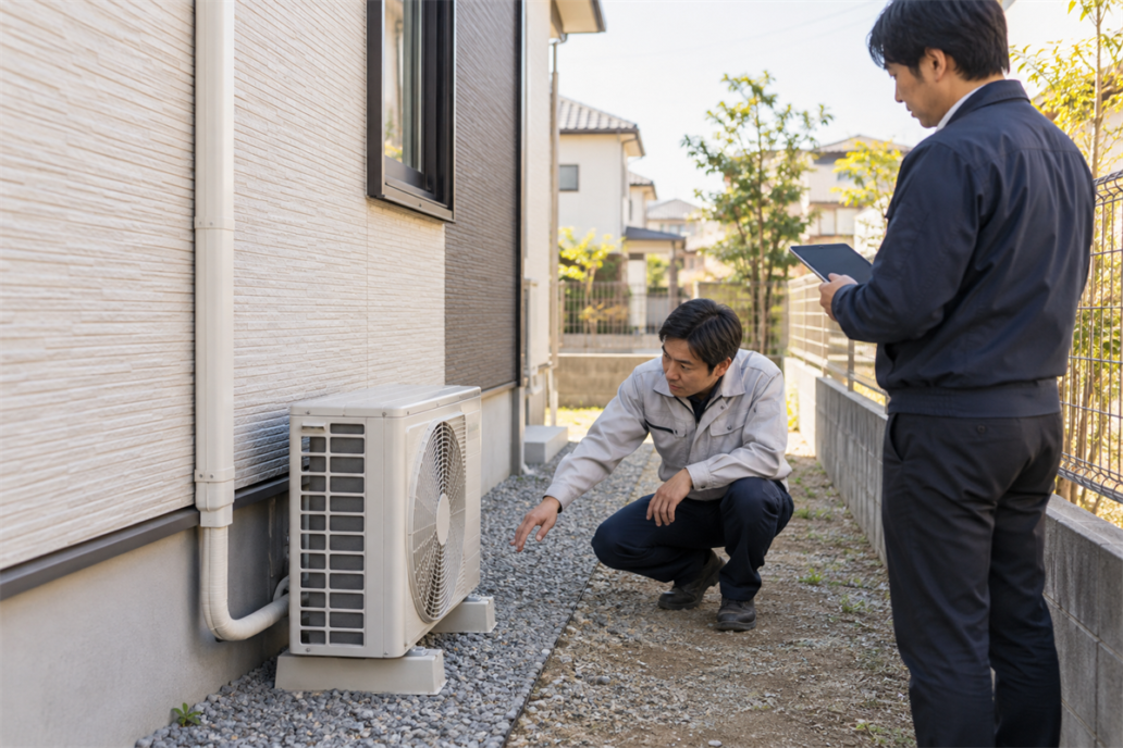 引渡し前にエアコン室外機の据付状態を確認する施工担当者