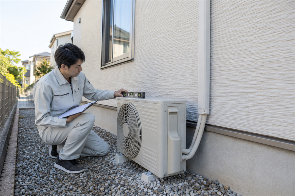 引渡し前にエアコン室外機の据付状態を確認する施工担当者