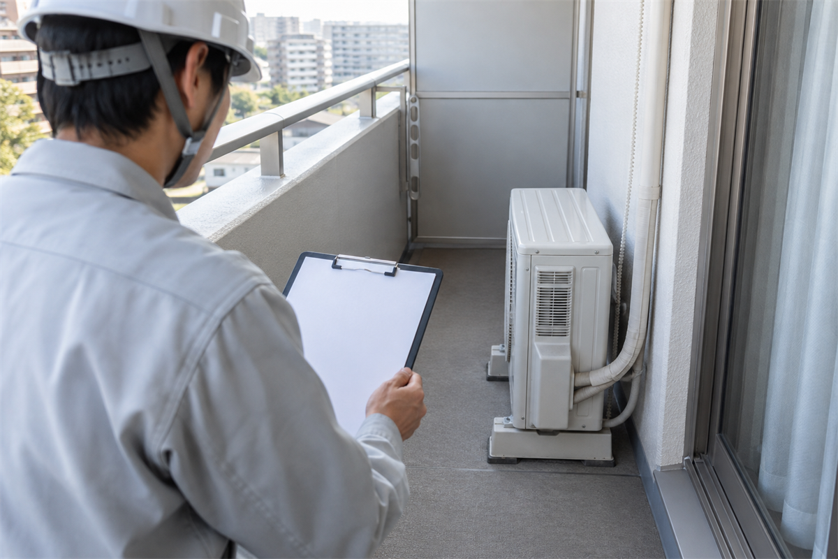 室外機の設置条件と周囲の空間を照合する施工担当者
