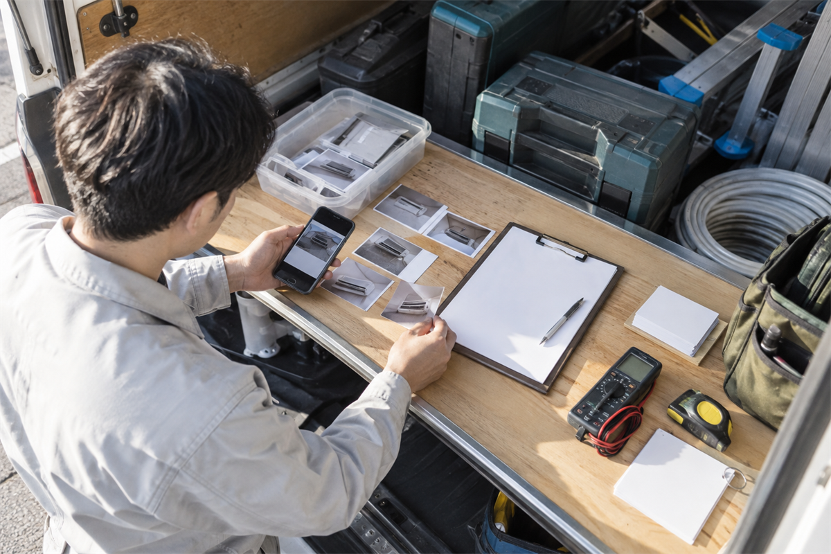 施工写真と確認シートを作業車内で整理する担当者