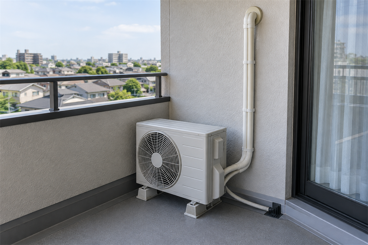 室外機から貫通部までを確認できる化粧テープ仕上げ済み配管の全景