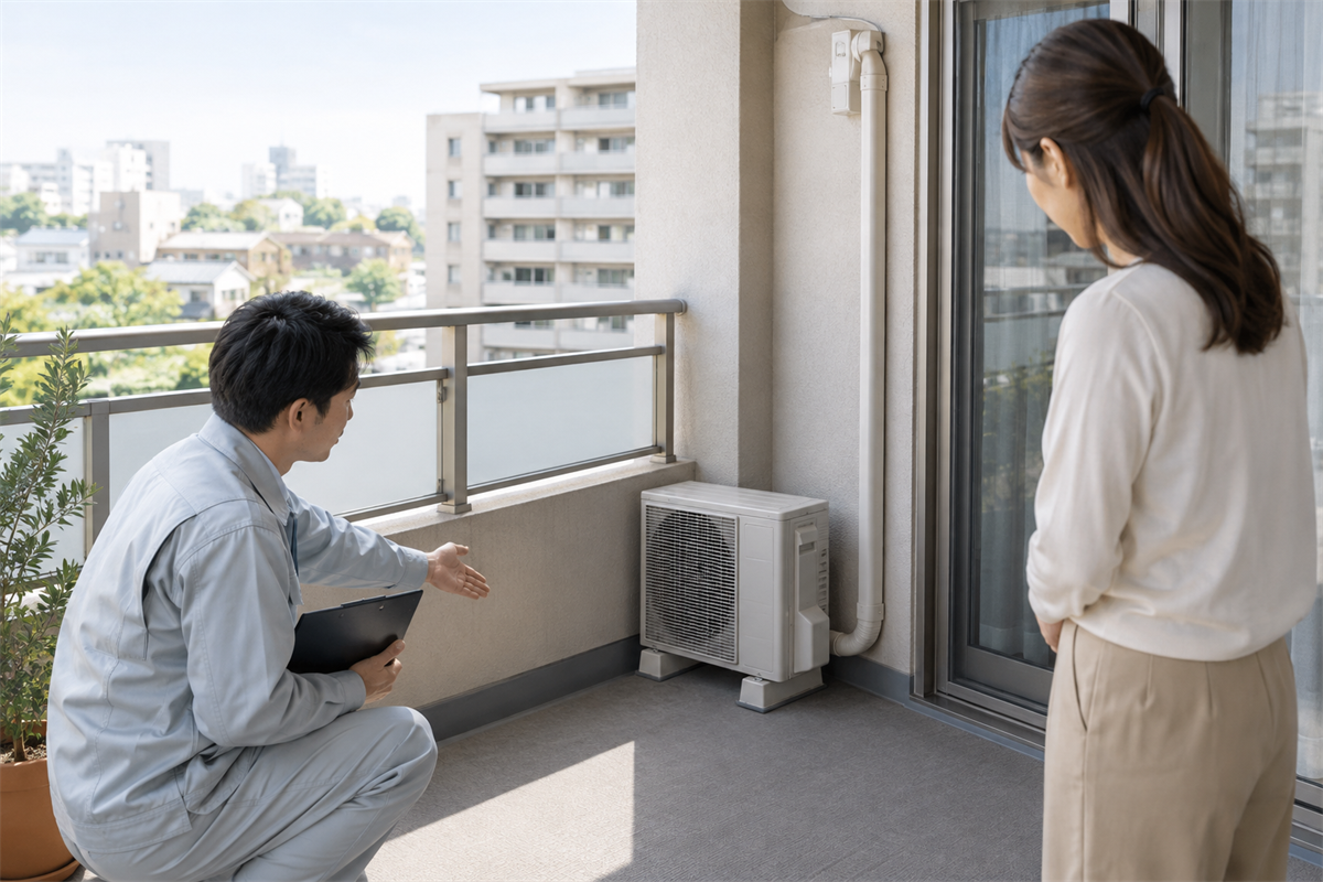 顧客と室外機の設置候補位置を確認する協力業者