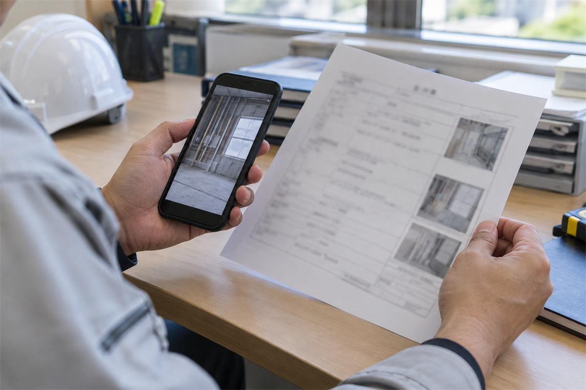 追加工事の変更票と現場写真を照合する作業者の手元