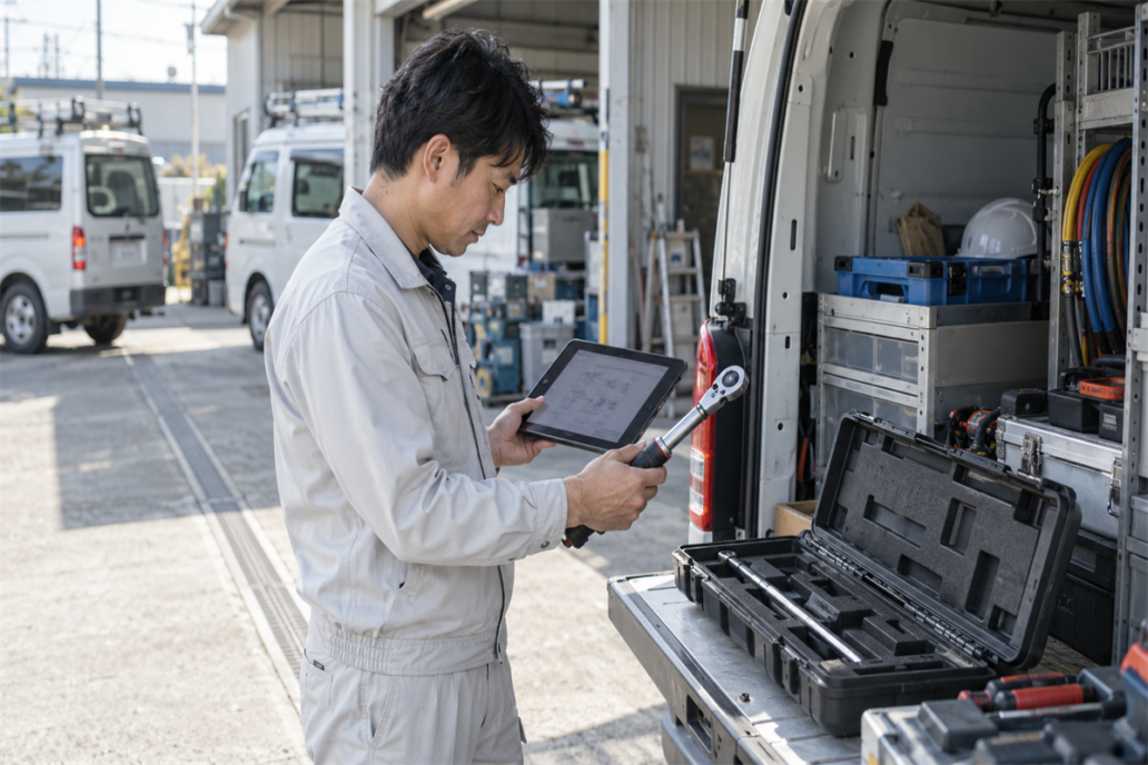 サービス車両の前でトルクレンチと施工資料を照合する空調工事の作業員