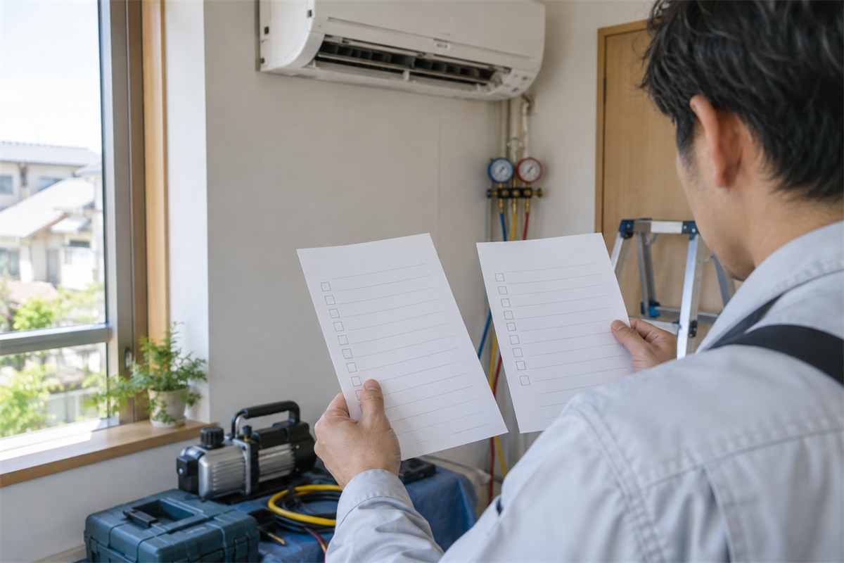 真空引きと気密確認を分けた作業票を確認する施工担当者