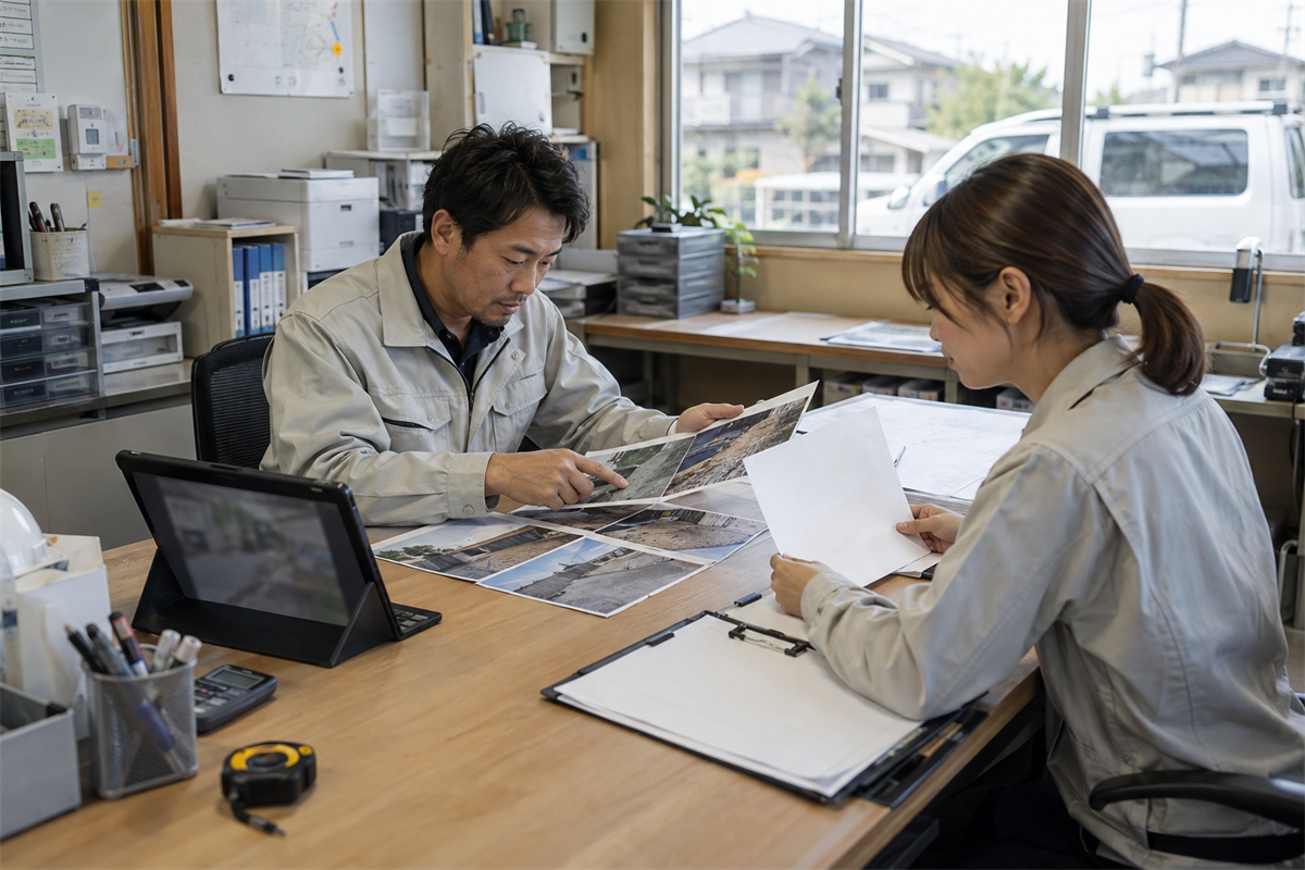現場写真と作業票を照合して引き継ぎを行う担当者