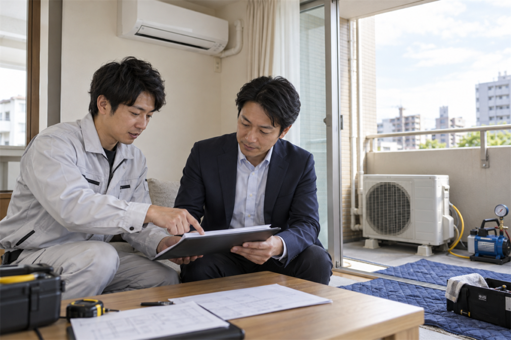 真空引きの引渡し資料を確認する施工者と現場管理者