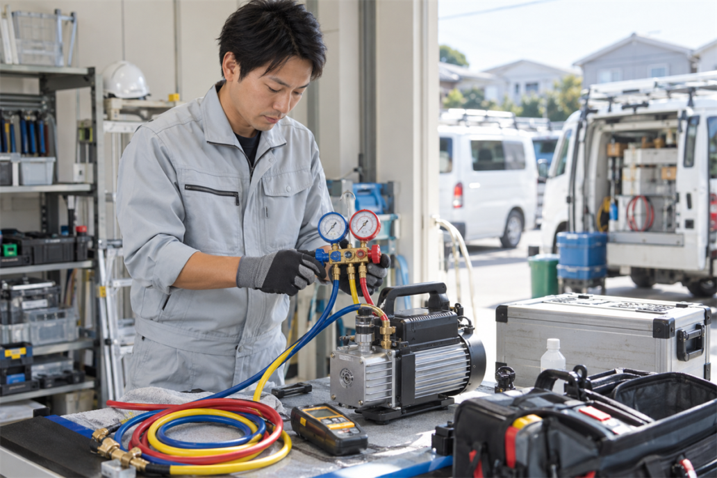 出発前にエアコン工事用の真空ポンプと付属工具を点検する作業員