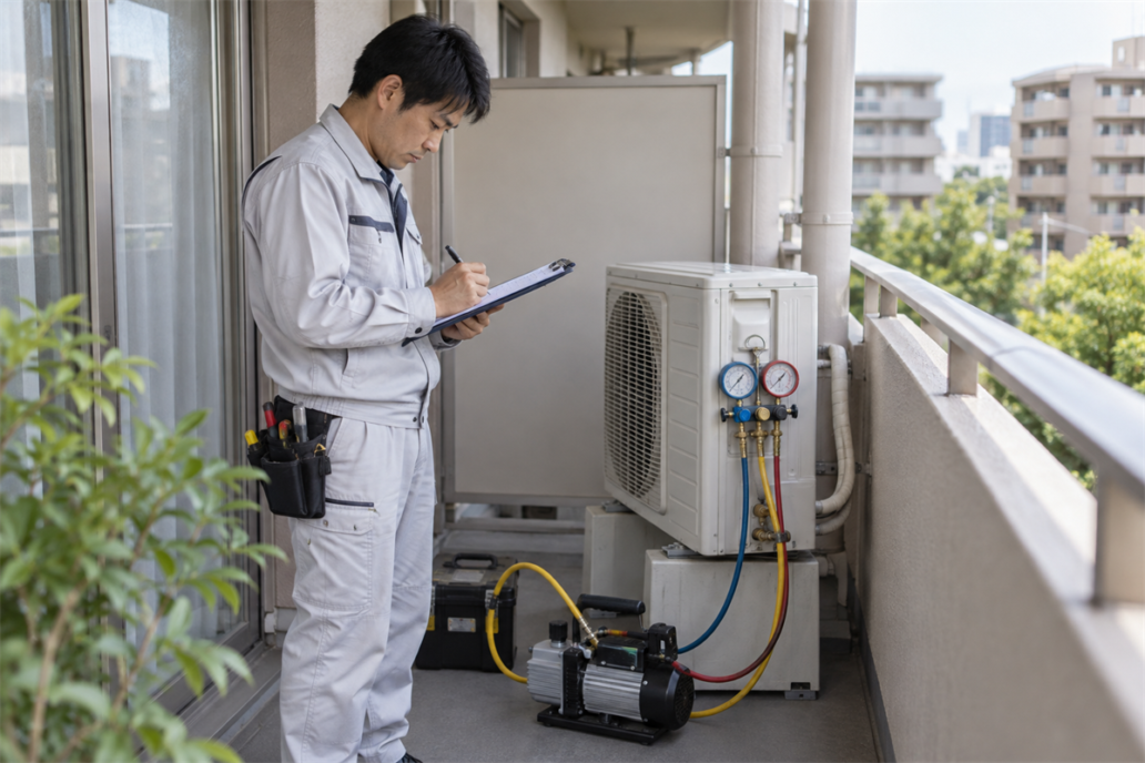 エアコン据付後に真空引きの作業内容を記録する施工者