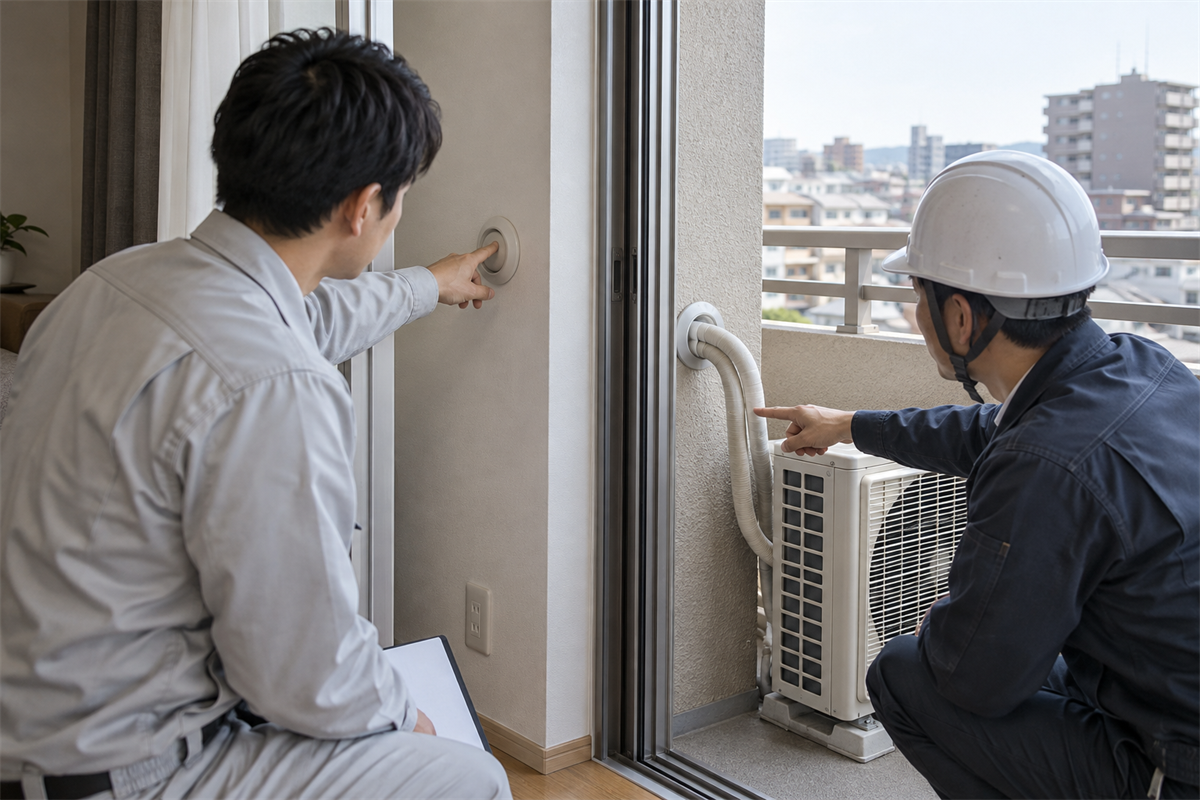室内と屋外の位置関係を見ながら壁貫通部を確認する様子