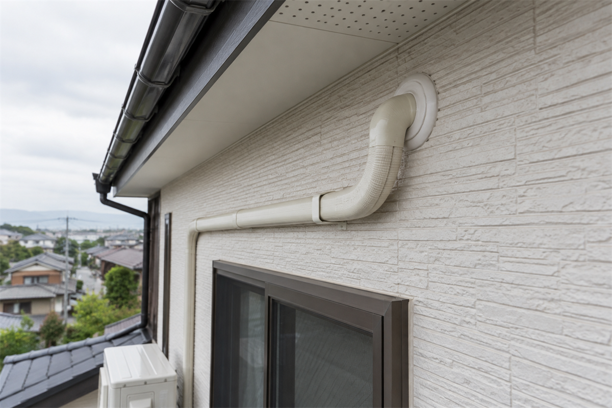 屋外側のパテ仕上げと雨仕舞を確認できる外壁の貫通部