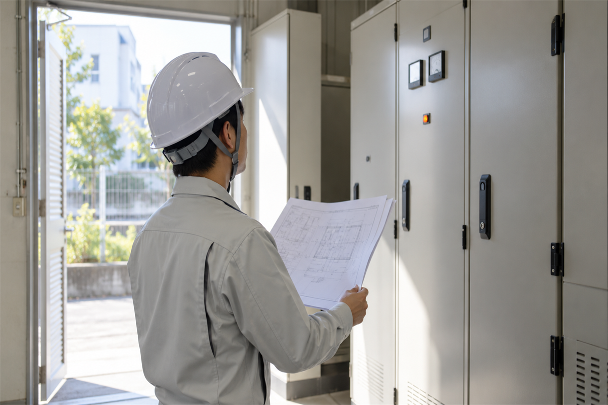 受変電設備室で設備盤と図面を確認する電気工事担当者