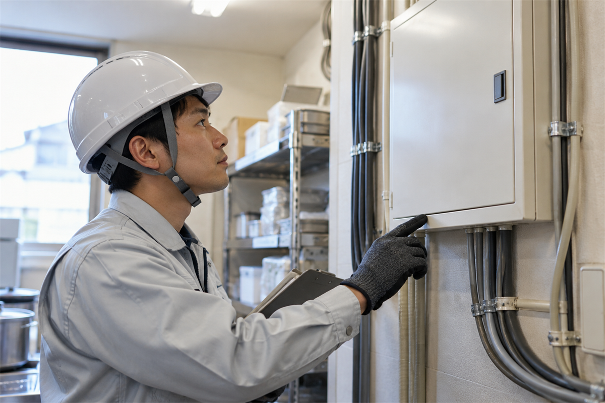 閉じた分電盤とケーブル経路を確認する電気工事担当者