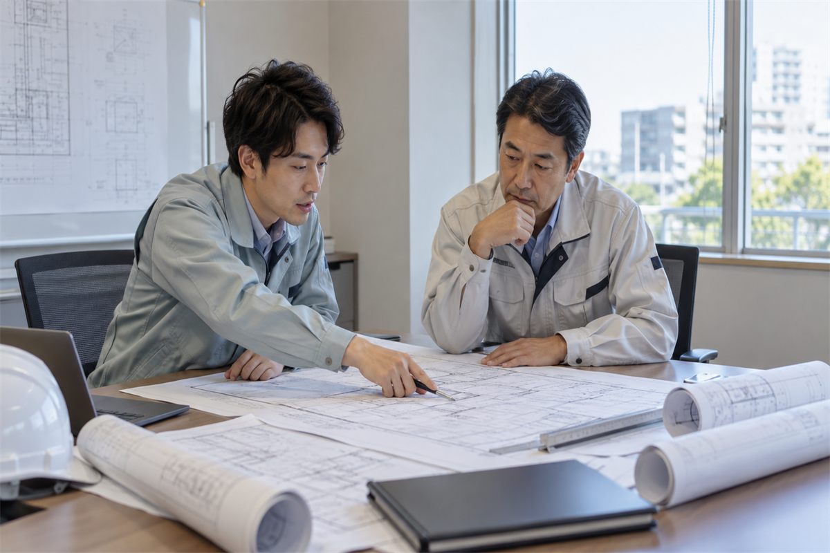 設備管理担当者と図面を確認して受注範囲を整理する様子