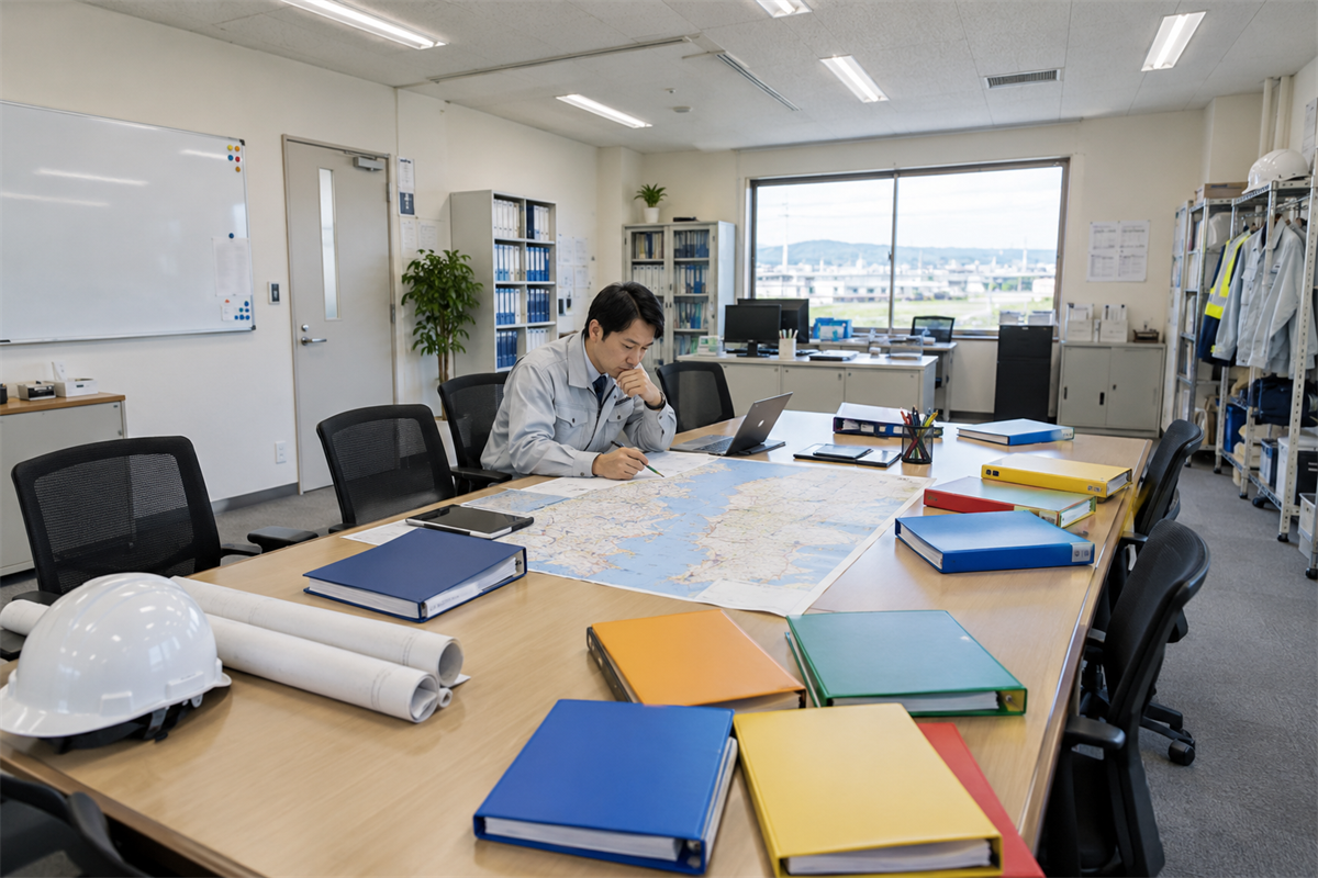 主任電気工事士の添付書類を営業所ごとのファイルに整理する担当者