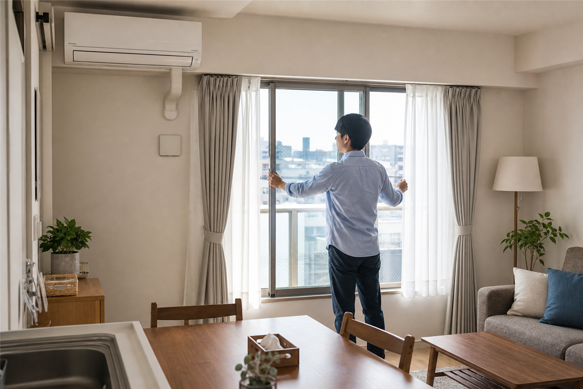 室内を換気して臭いの変化を見る様子
