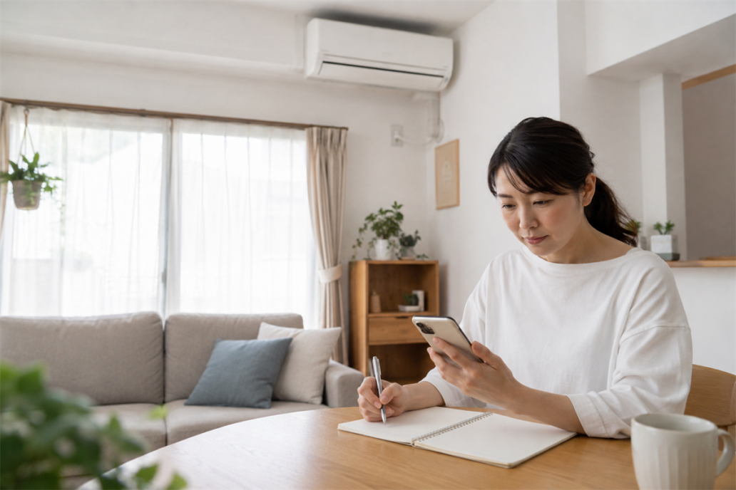 エアコン専用ブレーカーが落ちた後に相談内容をメモする住人
