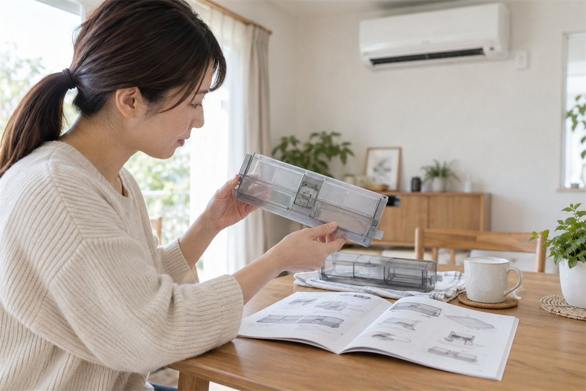 電源を切ったエアコンのダストボックスを説明書と照合する手元
