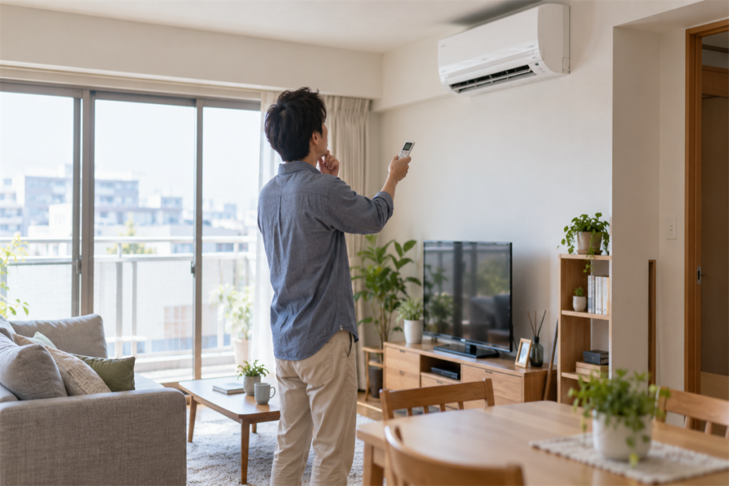 エアコンのおそうじ表示に気づき室内機とリモコンを確認する様子