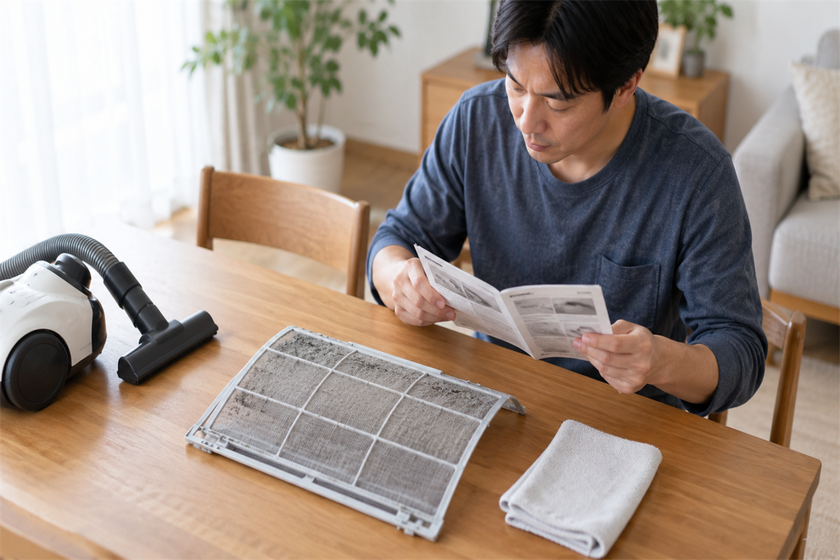 取扱説明書を見ながらエアコンフィルターの清掃準備をする様子
