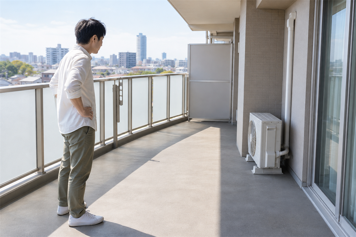 バルコニーで室外機の周囲に障害物がないか目視する様子